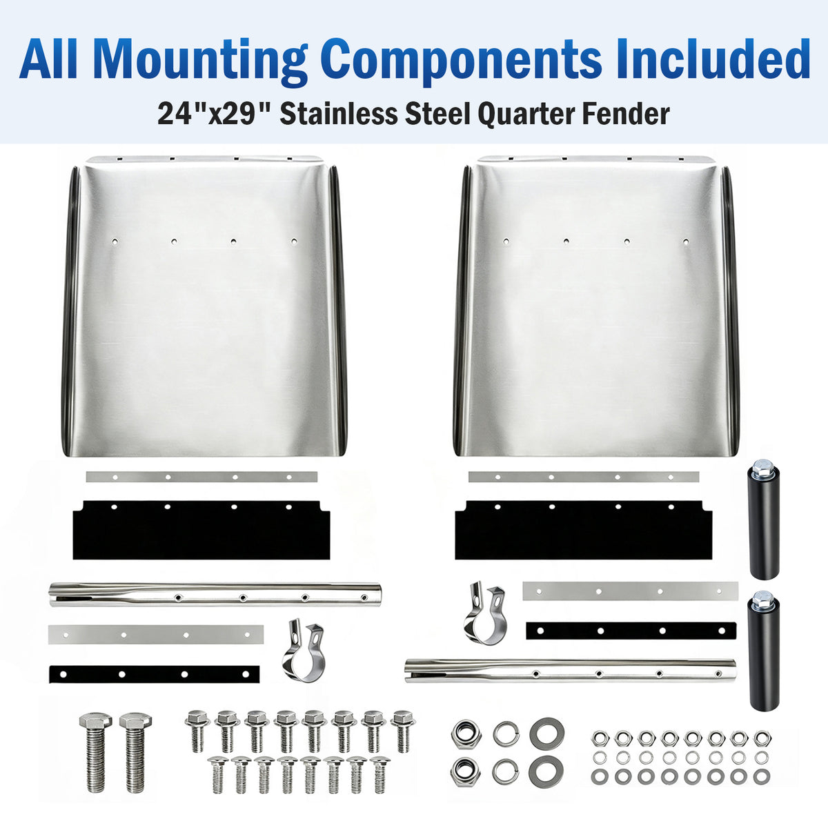 24"x29" Mirror Polished Stainless Steel Quarter Fender Pair, Semi Truck Mud Guards with Rubber Shock Reinforcement Tubes & Full Mount Hardware