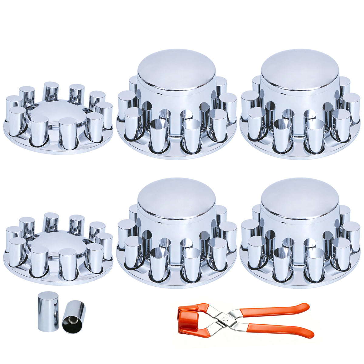 Chrome Axle Cover Full Set, 33mm Thread‑On Cylindrical Lug Nut Covers for 20" 22.5" 24.5" 10‑Hole Semi‑Truck Wheels