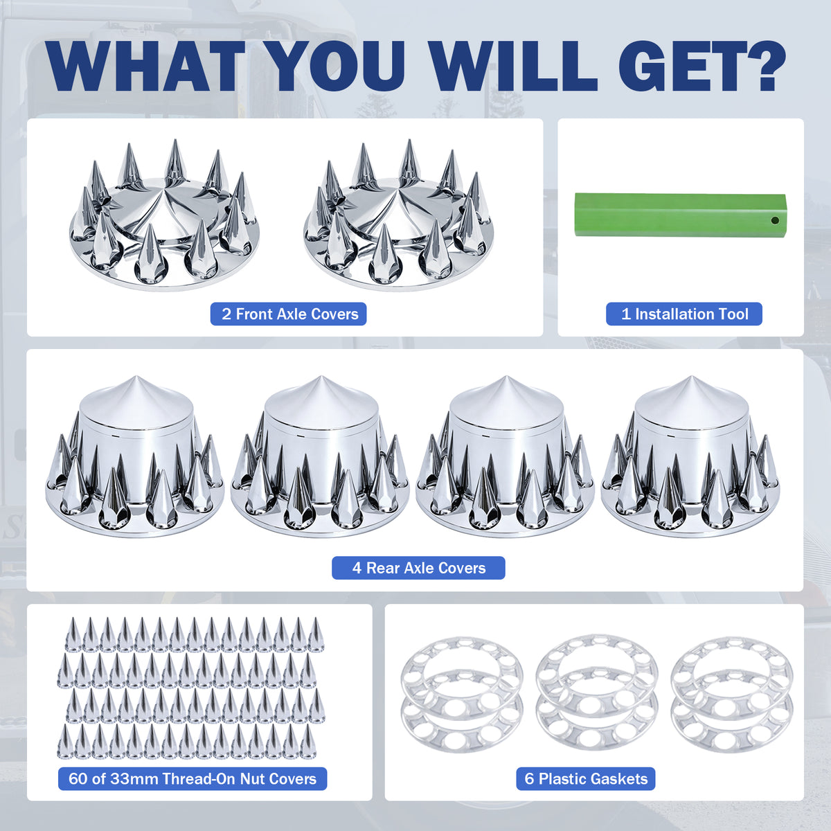 Spike Chrome Axle Covers Full Set | 33mm Thread‑On Spike Lug Nut Covers for 20" 22.5" 24.5" 10‑Hole Semi‑Truck Wheels