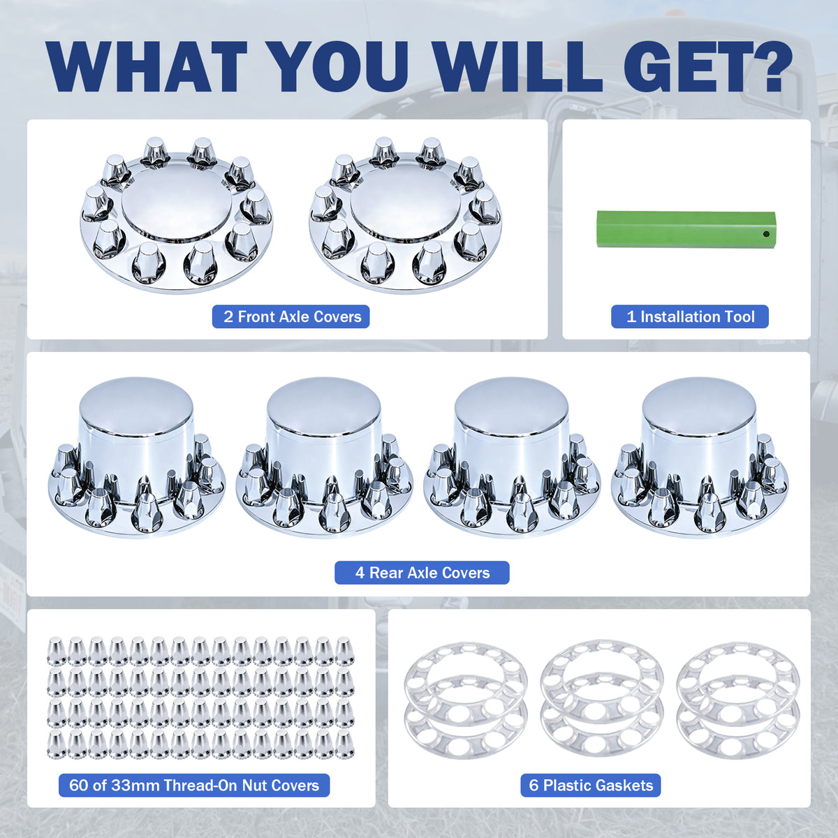 Chrome Axle Cover Full Set, 33mm Thread‑On Cone Lug Nut Covers for 20" 22.5" 24.5" 10‑Hole Semi‑Truck Wheels