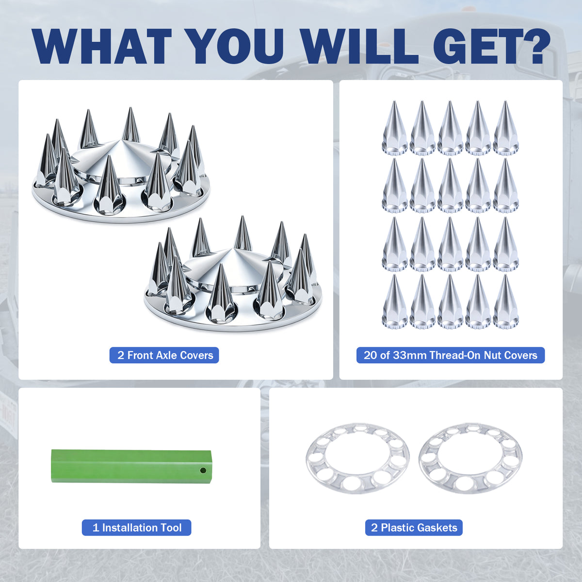 Chrome Spiked Front Axle Cover Kit, 33mm Thread‑On Spiked Lug Nut Caps for 10‑Hole 20" 22.5" 24.5" Semi‑Truck Wheels, Complete Kit With Installation Tool