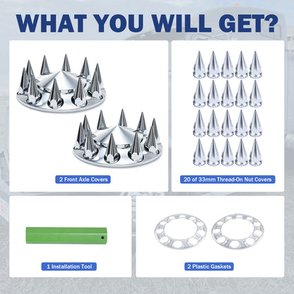 Chrome Spiked Front Axle Cover Kit, 33mm Thread‑On Spiked Lug Nut Caps for 10‑Hole 20" 22.5" 24.5" Semi‑Truck Wheels, Complete Kit With Installation Tool