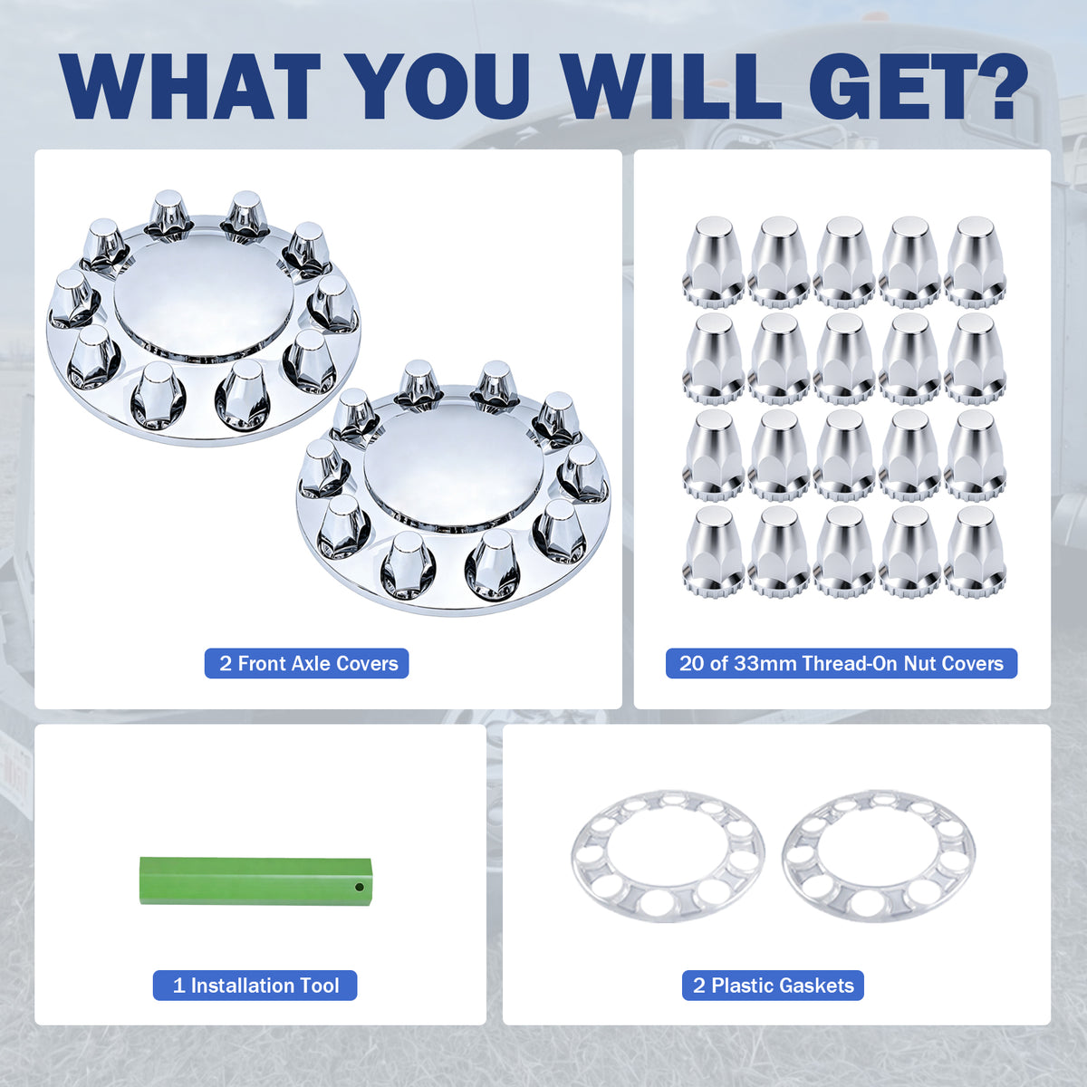 Chrome Round Dome Front Axle Cover Kit, 33mm Thread‑On Lug Nut Caps for 10‑Hole 20" 22.5" 24.5" Semi‑Truck Wheels, Complete Kit With Installation Tool