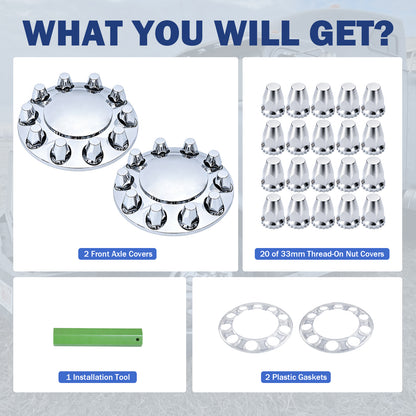 Chrome Round Dome Front Axle Cover Kit, 33mm Thread‑On Lug Nut Caps for 10‑Hole 20" 22.5" 24.5" Semi‑Truck Wheels, Complete Kit With Installation Tool