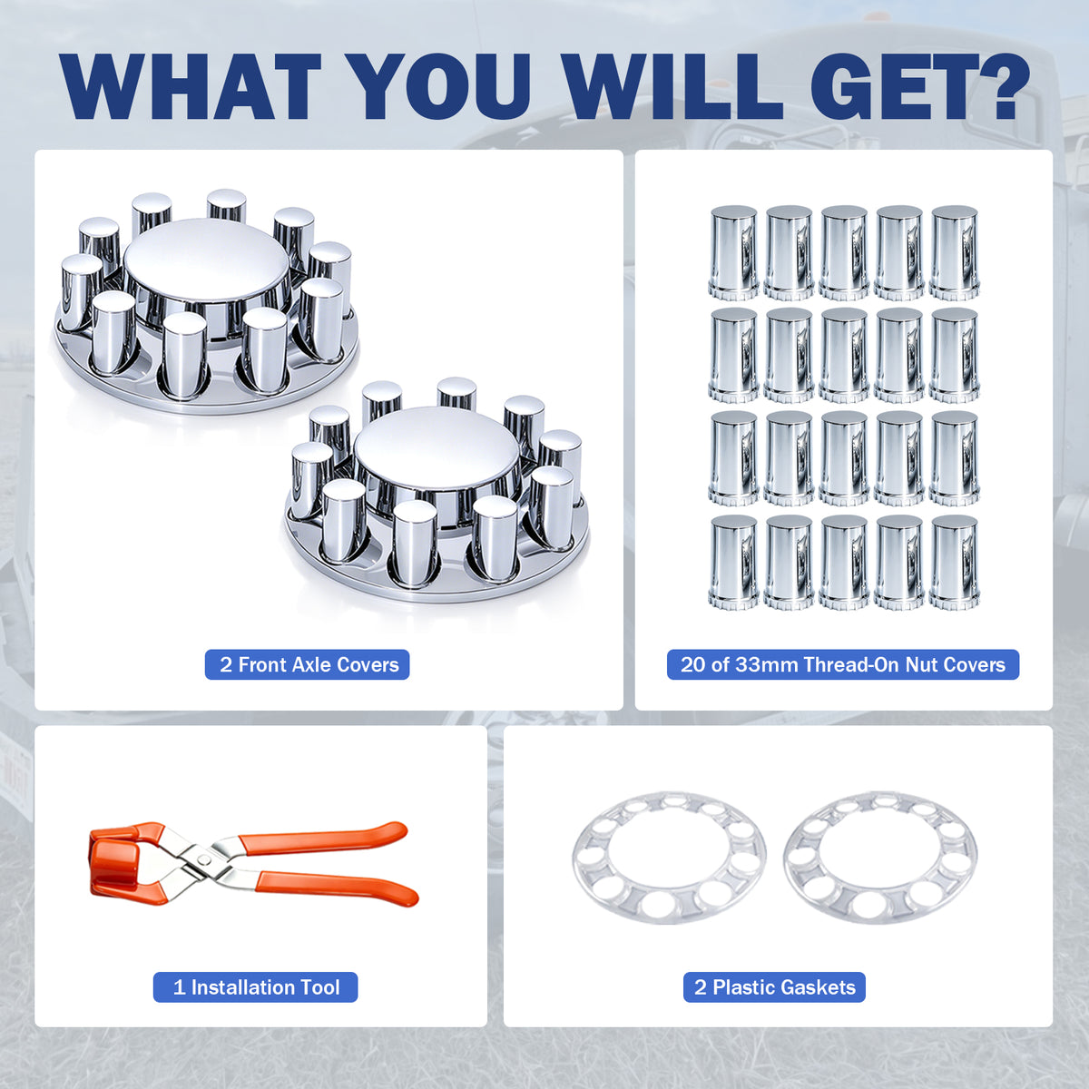 Chrome Front Axle Cover Kit with 33mm Thread‑On Lug Nut Covers, 10‑Hole Wheel Hub Covers for 20" 22.5" 24.5" Semi‑Truck Wheels, Includes Install Tool