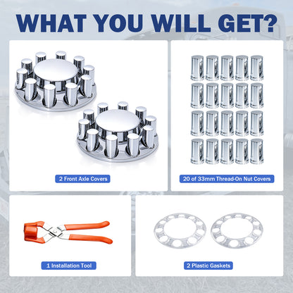 Chrome Front Axle Cover Kit with 33mm Thread‑On Lug Nut Covers, 10‑Hole Wheel Hub Covers for 20" 22.5" 24.5" Semi‑Truck Wheels, Includes Install Tool