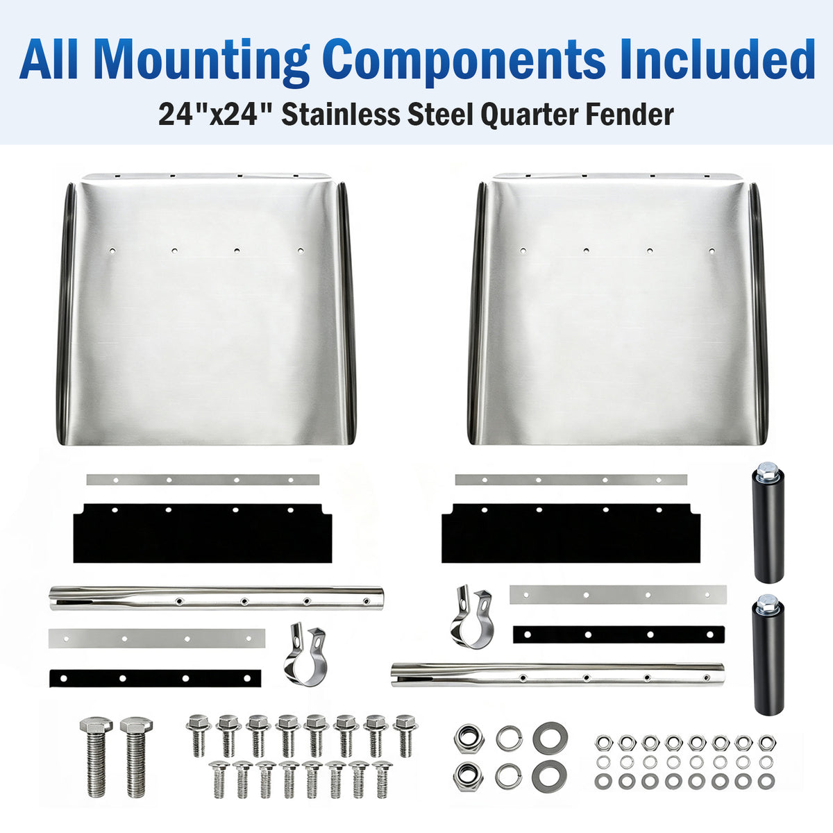 24"x24" Polished Stainless Steel Quarter Fender Pair, Semi Truck Mud Guards with Rubber Reinforced Shock Tubes & Full Mount Hardware