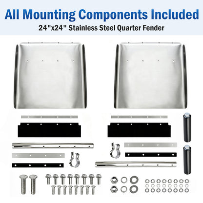 24"x24" Polished Stainless Steel Quarter Fender Pair, Semi Truck Mud Guards with Rubber Reinforced Shock Tubes & Full Mount Hardware