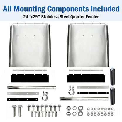 24"x29" Mirror Polished Stainless Steel Quarter Fender Pair, Semi Truck Mud Guards with Rubber Shock Reinforcement Tubes & Full Mount Hardware