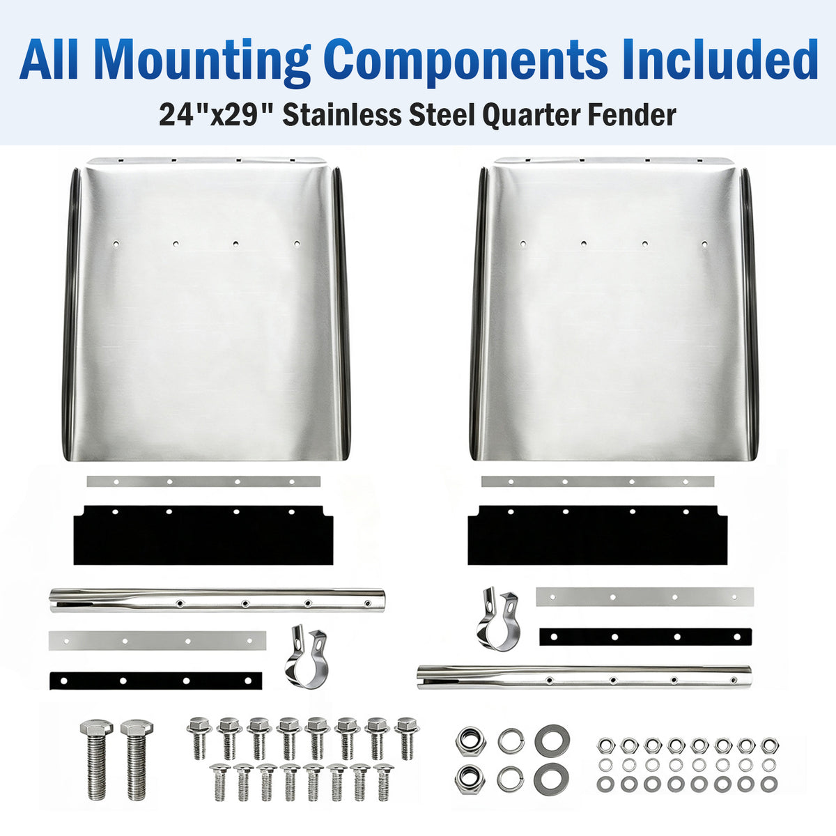 24" x 29" Mirror Polished Stainless Steel Quarter Fender Pair, Heavy‑Duty Semi Truck Mud Guards with Complete Mounting Hardware