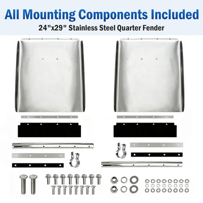 24" x 29" Mirror Polished Stainless Steel Quarter Fender Pair, Heavy‑Duty Semi Truck Mud Guards with Complete Mounting Hardware