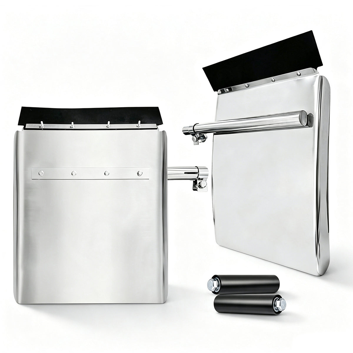 24"x29" Mirror Polished Stainless Steel Quarter Fender Pair, Semi Truck Mud Guards with Rubber Shock Reinforcement Tubes & Full Mount Hardware