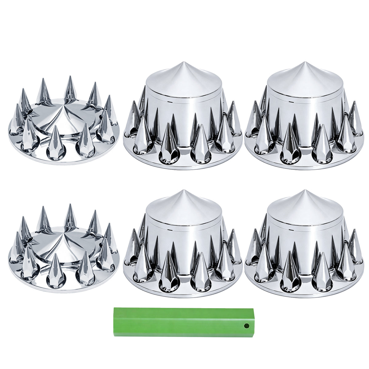 Spike Chrome Axle Covers Full Set | 33mm Thread‑On Spike Lug Nut Covers for 20" 22.5" 24.5" 10‑Hole Semi‑Truck Wheels