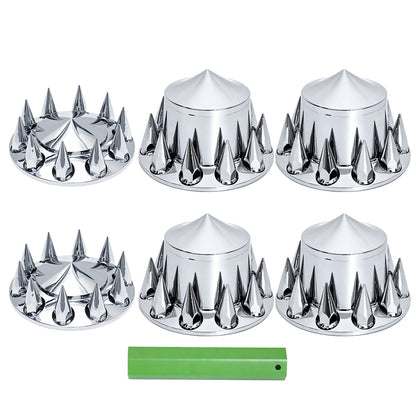 Spike Chrome Axle Covers Full Set | 33mm Thread‑On Spike Lug Nut Covers for 20" 22.5" 24.5" 10‑Hole Semi‑Truck Wheels
