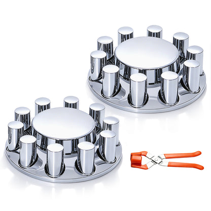 Chrome Front Axle Cover Kit with 33mm Thread‑On Lug Nut Covers, 10‑Hole Wheel Hub Covers for 20" 22.5" 24.5" Semi‑Truck Wheels, Includes Install Tool