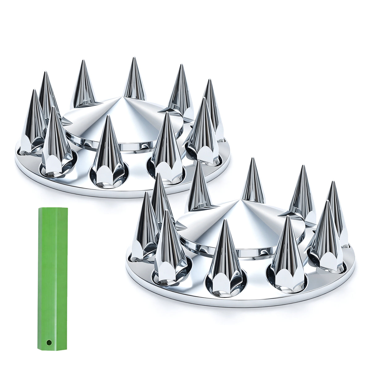 Chrome Spiked Front Axle Cover Kit, 33mm Thread‑On Spiked Lug Nut Caps for 10‑Hole 20" 22.5" 24.5" Semi‑Truck Wheels, Complete Kit With Installation Tool