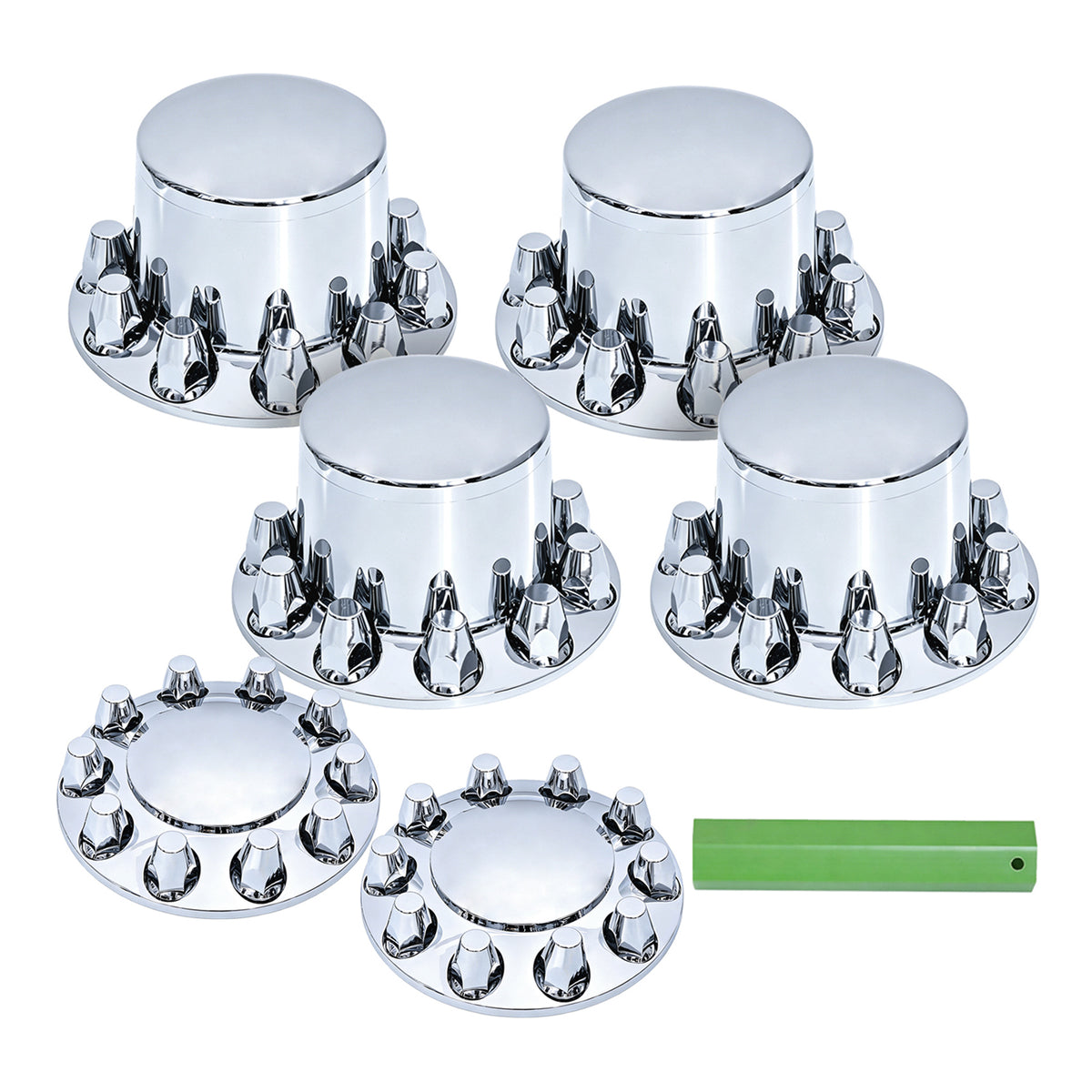 Chrome Axle Cover Full Set, 33mm Thread‑On Cone Lug Nut Covers for 20" 22.5" 24.5" 10‑Hole Semi‑Truck Wheels