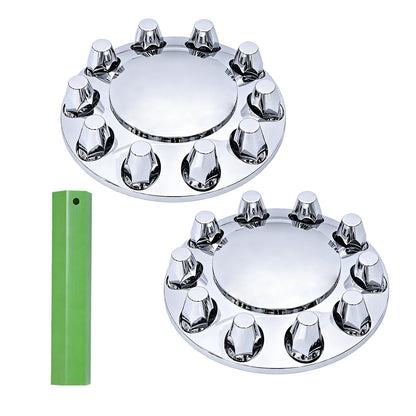 Chrome Round Dome Front Axle Cover Kit, 33mm Thread‑On Lug Nut Caps for 10‑Hole 20" 22.5" 24.5" Semi‑Truck Wheels, Complete Kit With Installation Tool